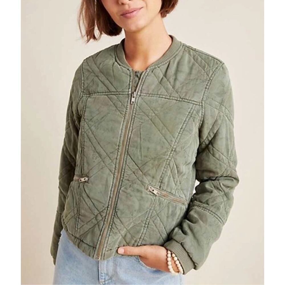 Anthropologie Quilted Bomber Jacket size XS olive green worn on TV - Picture 1 of 11
